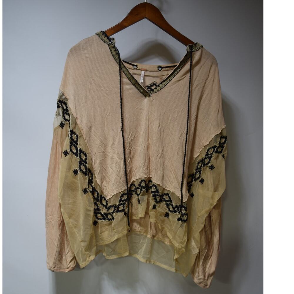 Free People XS Peach Boho Hooded Embroidered Mesh Tunic Top Oversized